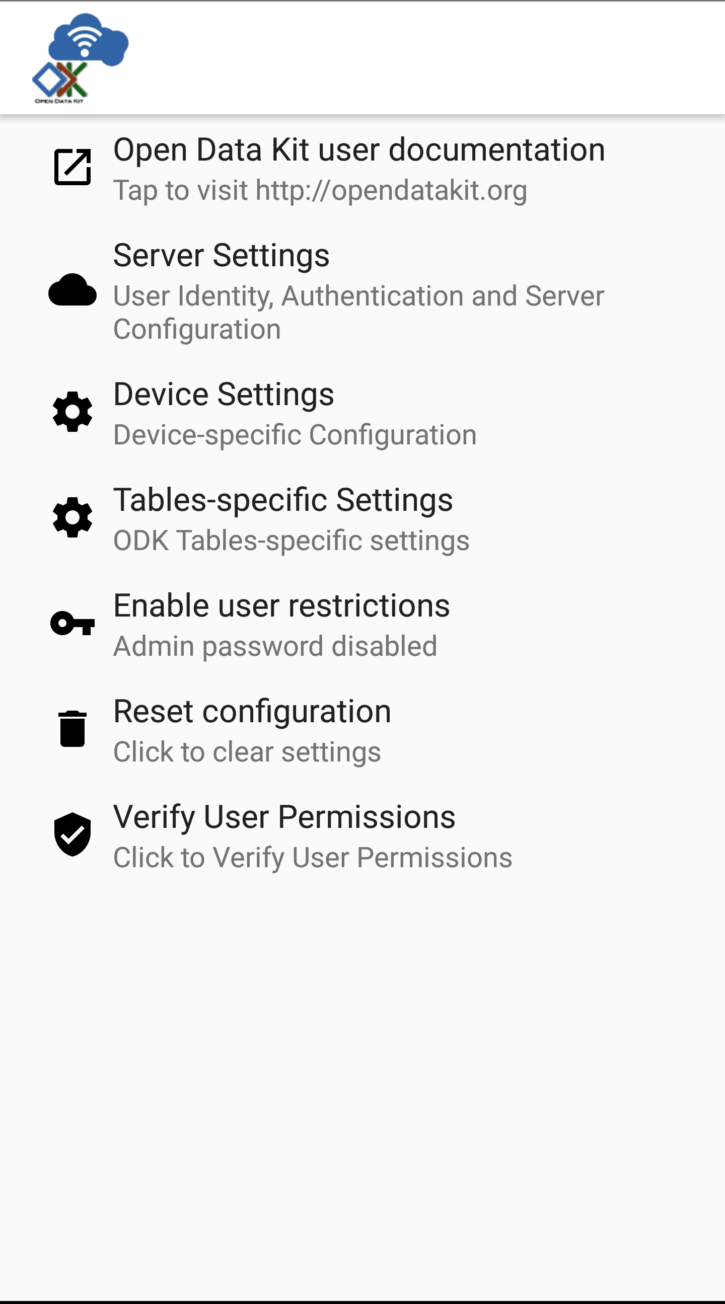 Services Settings Menu