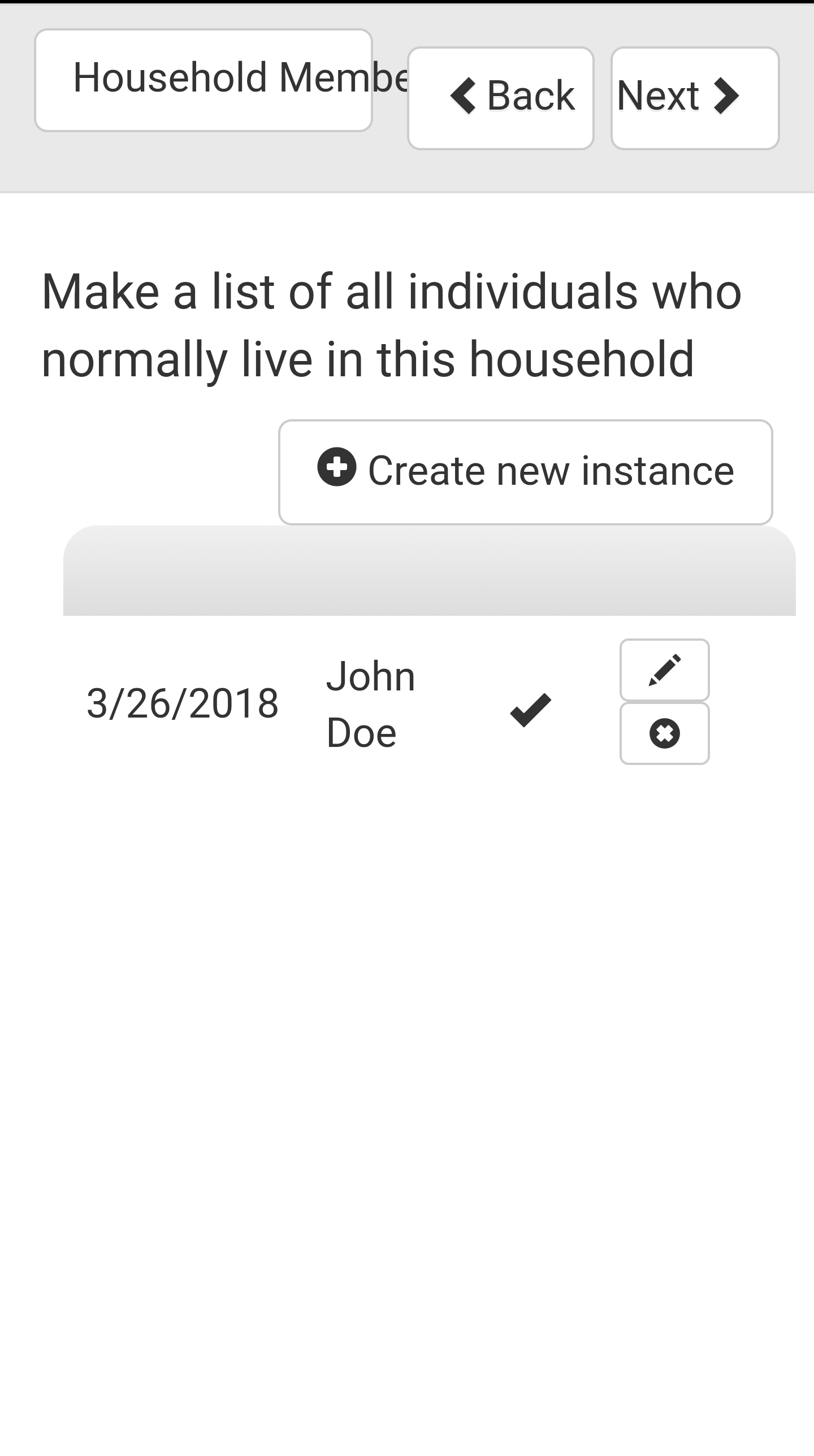 Survey Household Subform One Entry